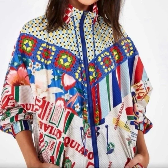 FARM Rio Carnaval Mixed Print Windbreaker with Crochet Detail - Picture 2 of 15